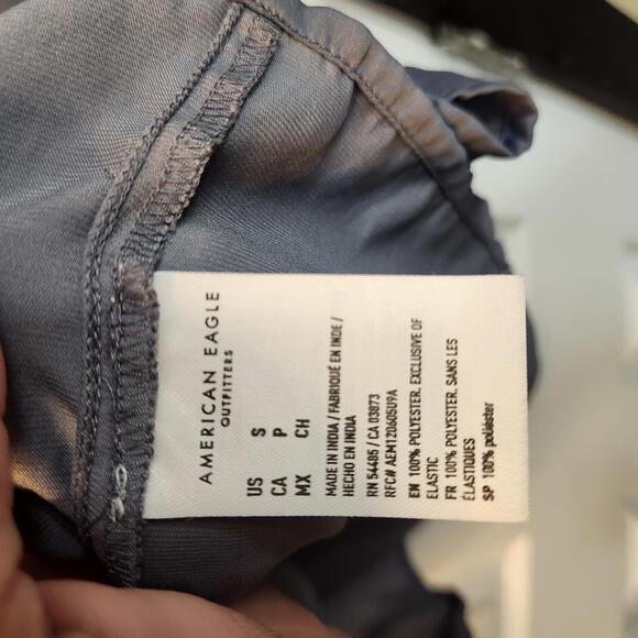 American Eagle Smocked Off-The-Shoulder Satin Top - Dusty Blue- Size Small - Picture 3 of 8